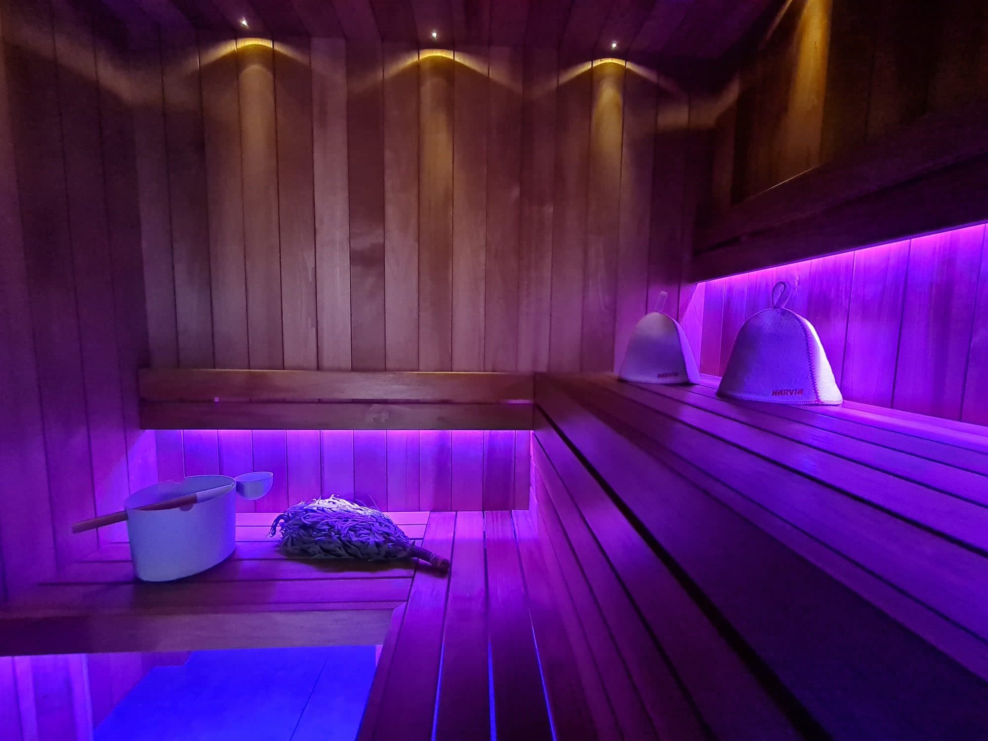 The same room with the lights set to violet